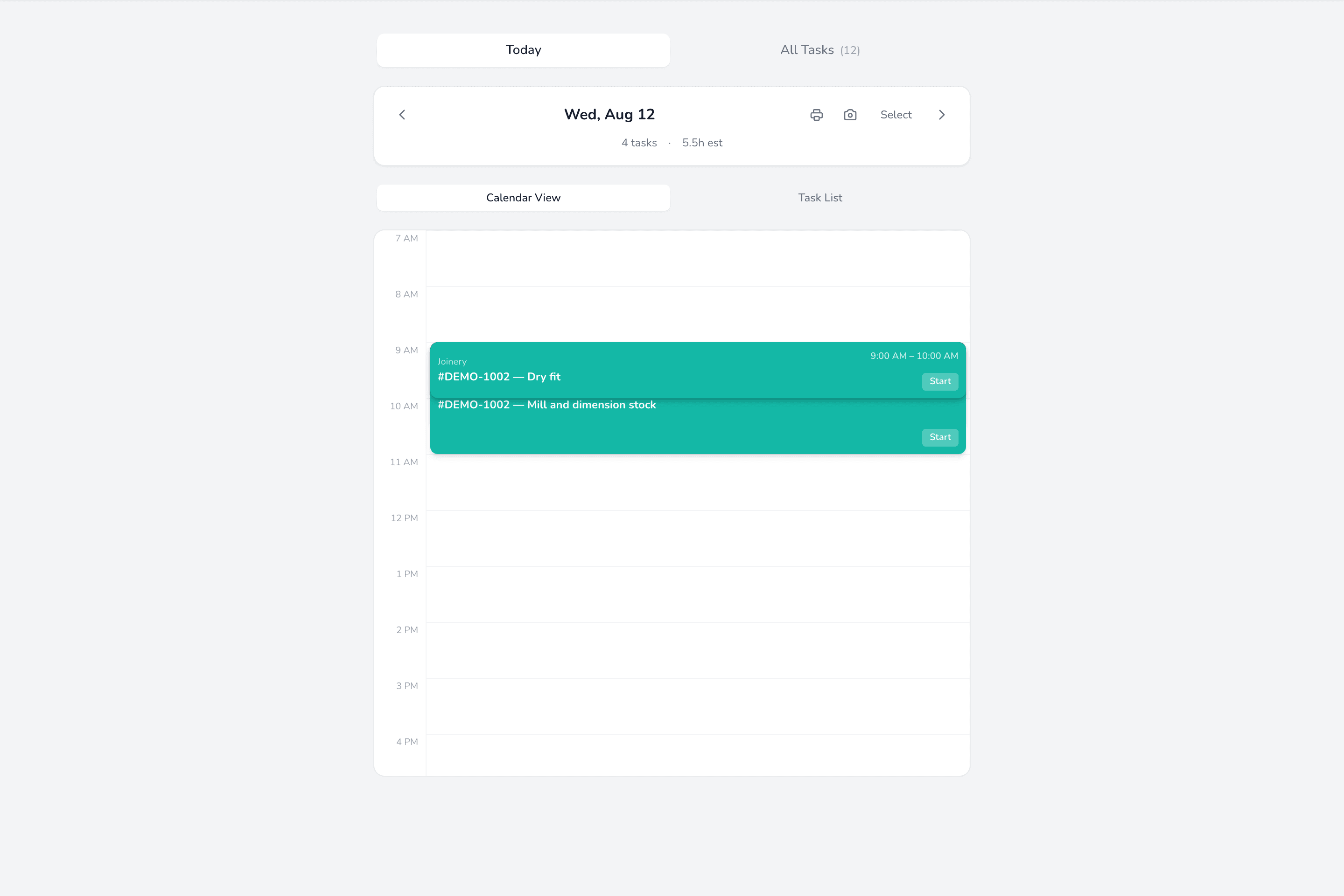 The Builder View, showing a day’s scheduled work with a Start button per task