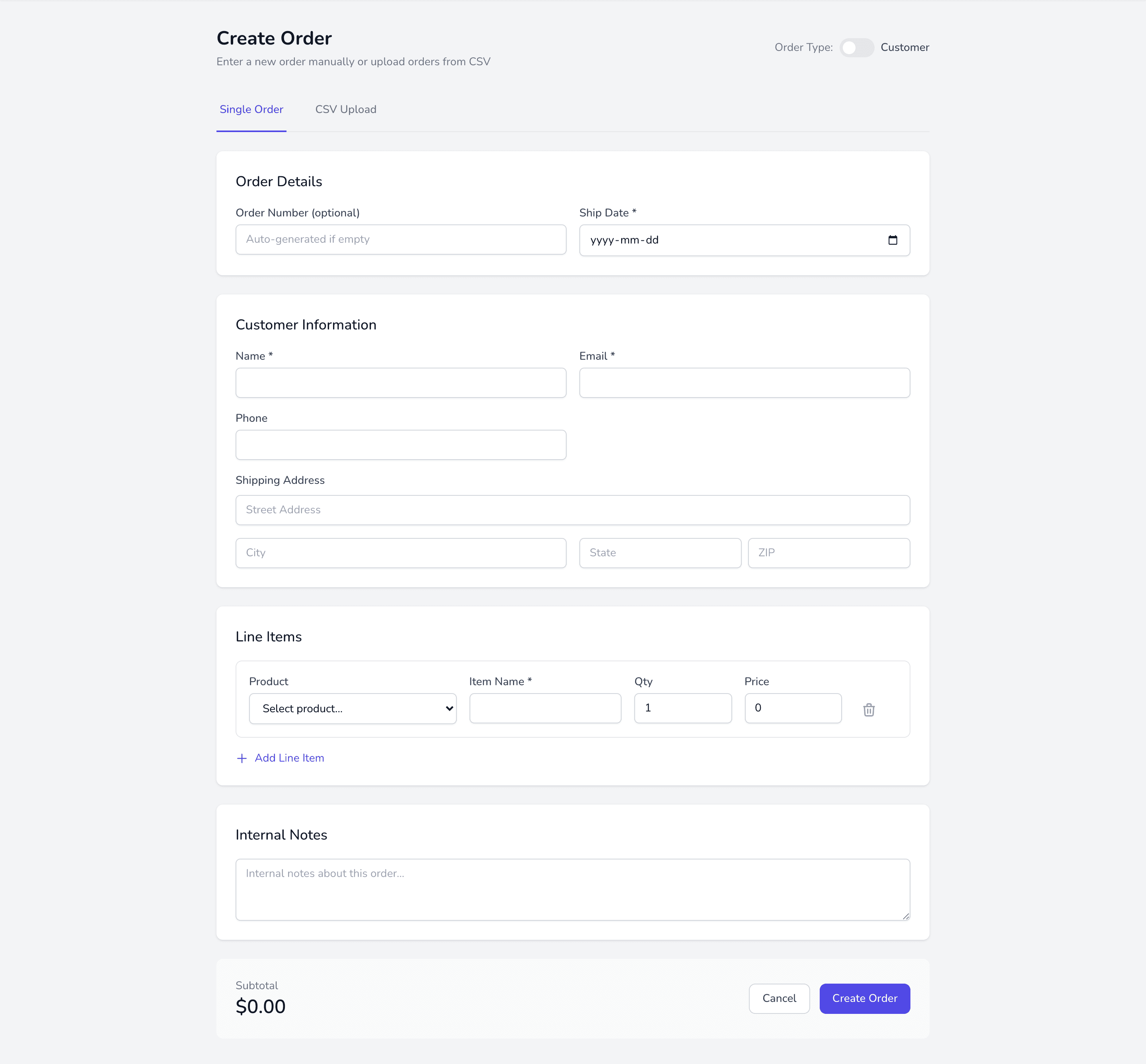 Creating an order by hand