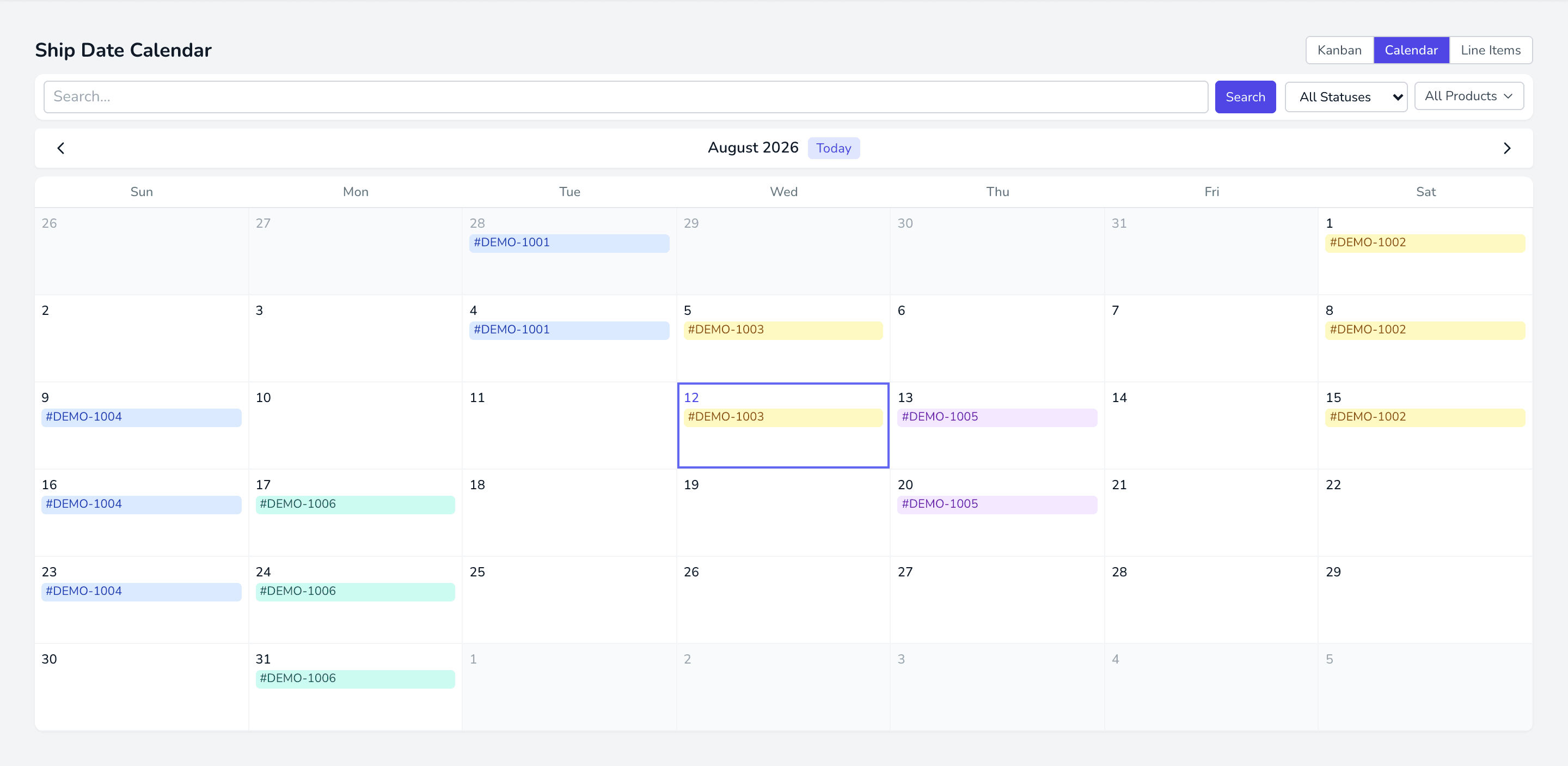 Orders on a calendar by ship date