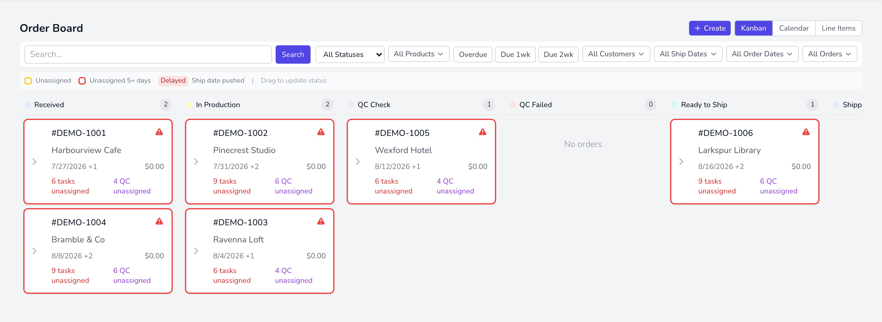 Orders as a kanban board, grouped by status