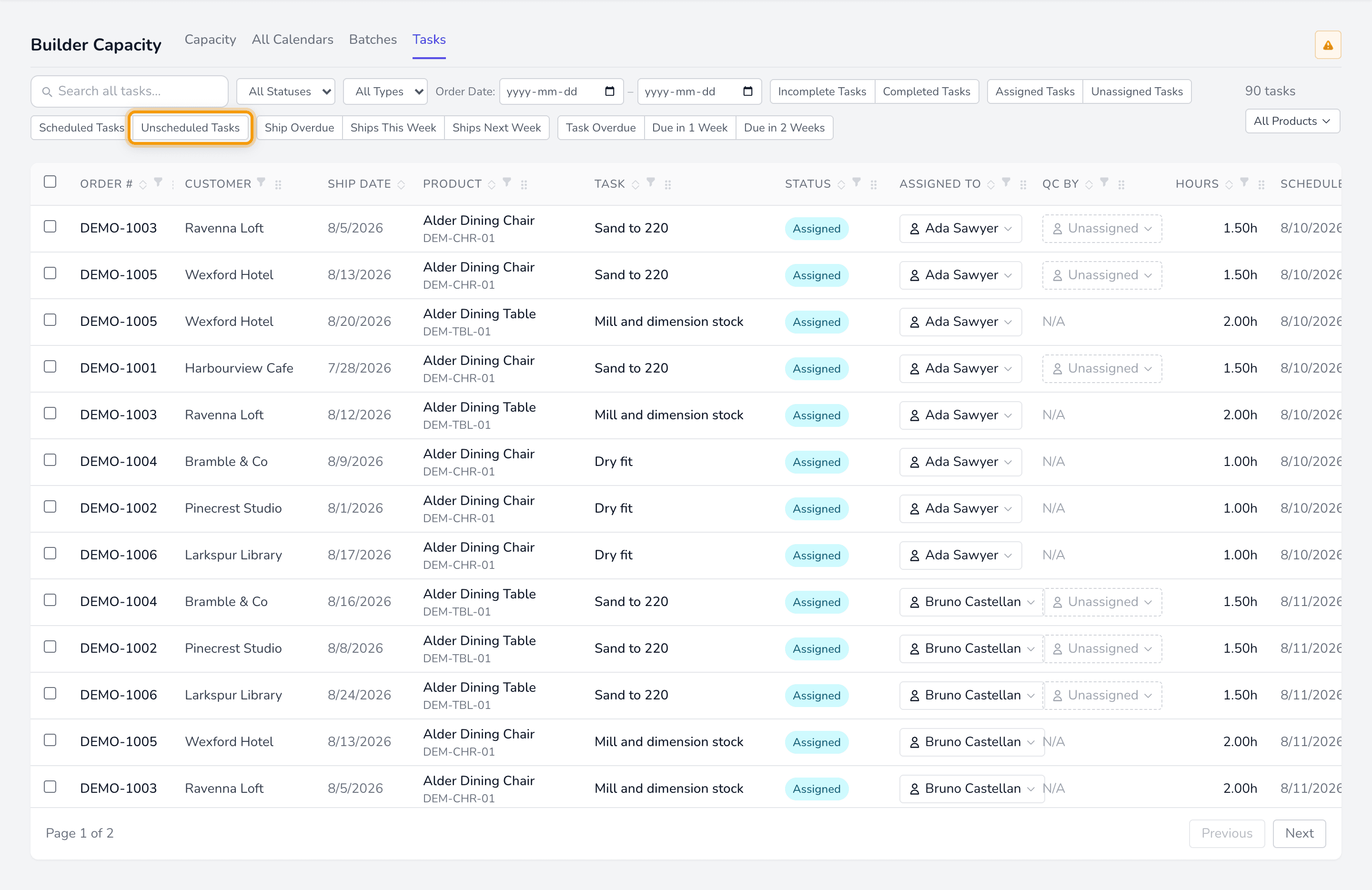 The Tasks view with the Unscheduled Tasks filter highlighted